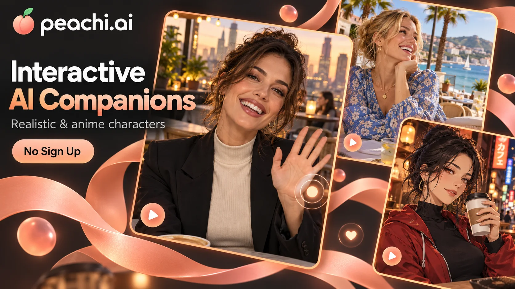 Peachi AI brand artwork showing realistic and anime adult characters with interactive companion branding.