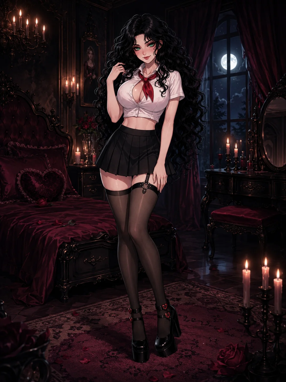 Ava in her candlelit gothic bedroom — long black curls, green eyes, goth schoolgirl outfit, surrounded by roses and a canopy bed