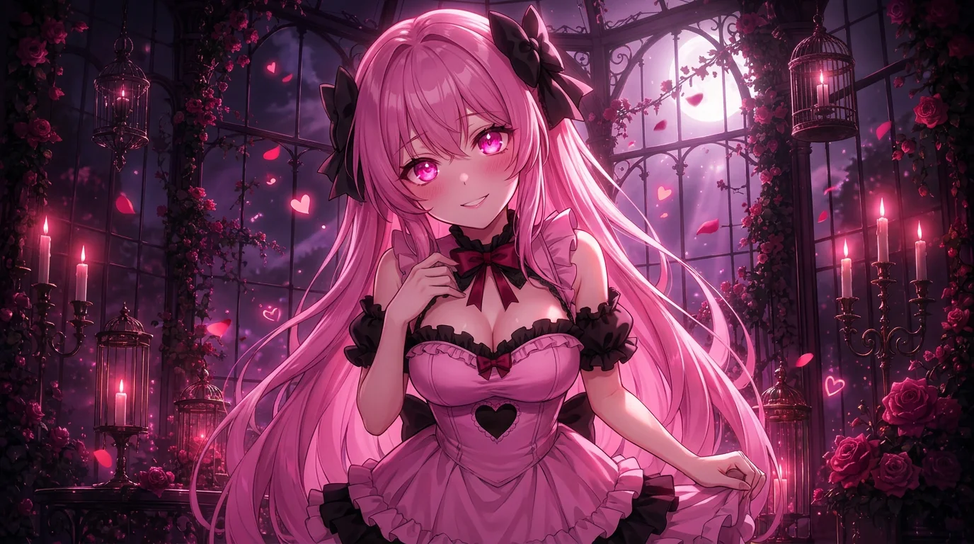 Pink-haired yandere character in a candlelit room filled with roses and hanging cages