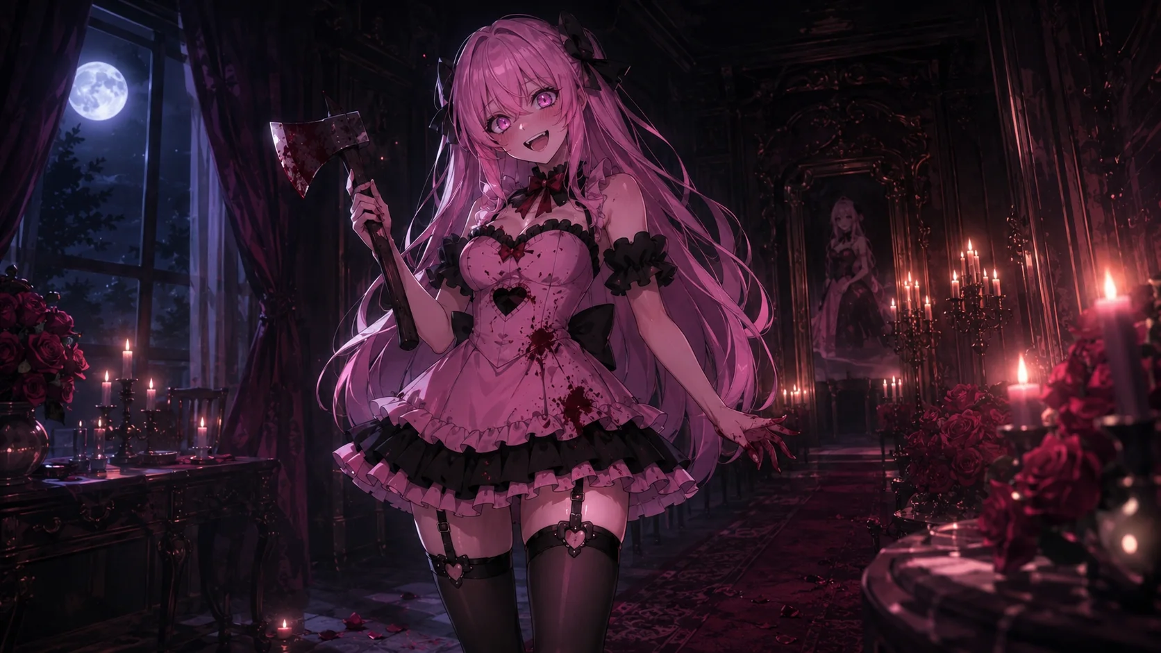 Yuna smiling sweetly in a candlelit gothic hall, holding a bloodstained axe