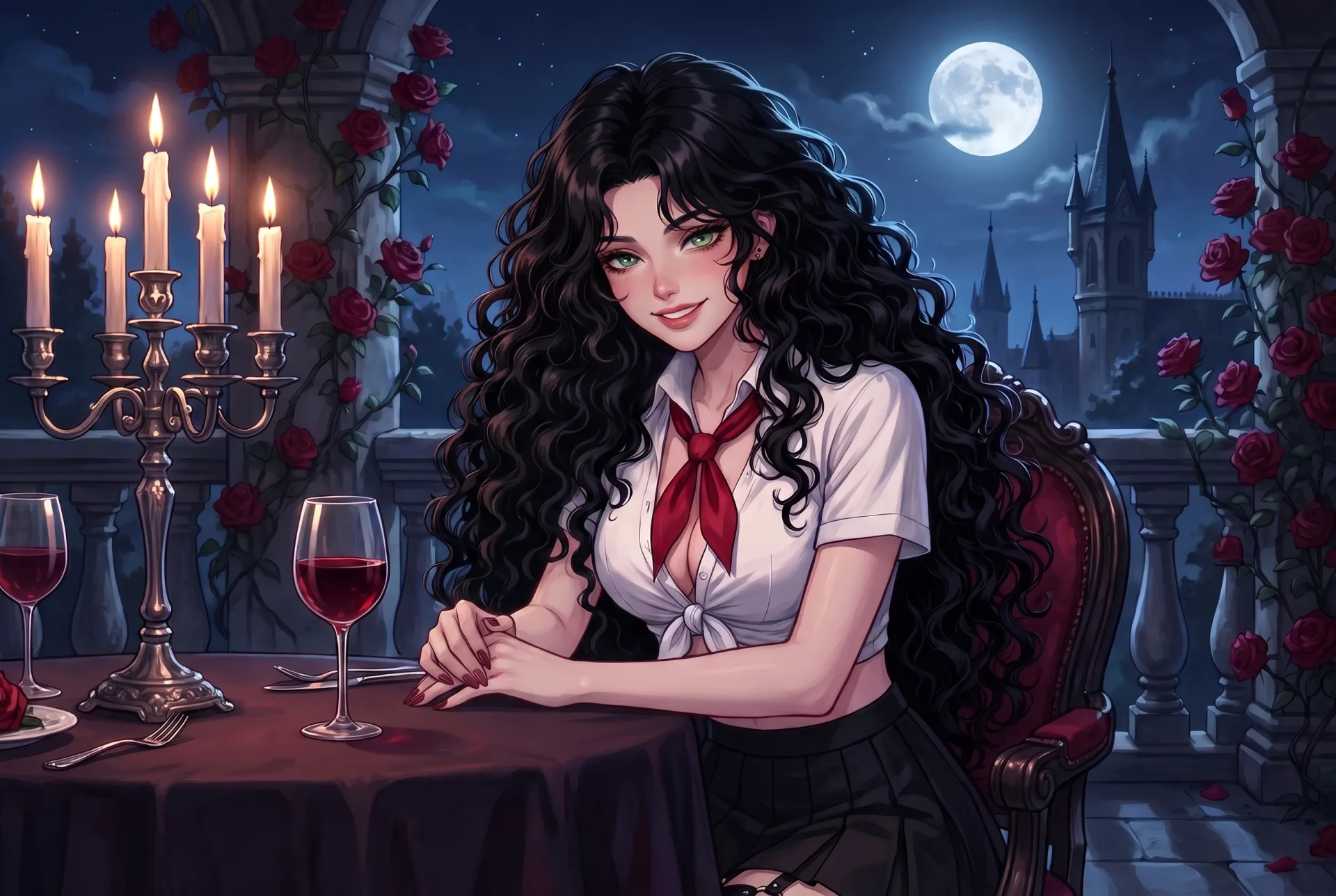Ava espera do outro lado de uma mesa à luz de velas em Date Night