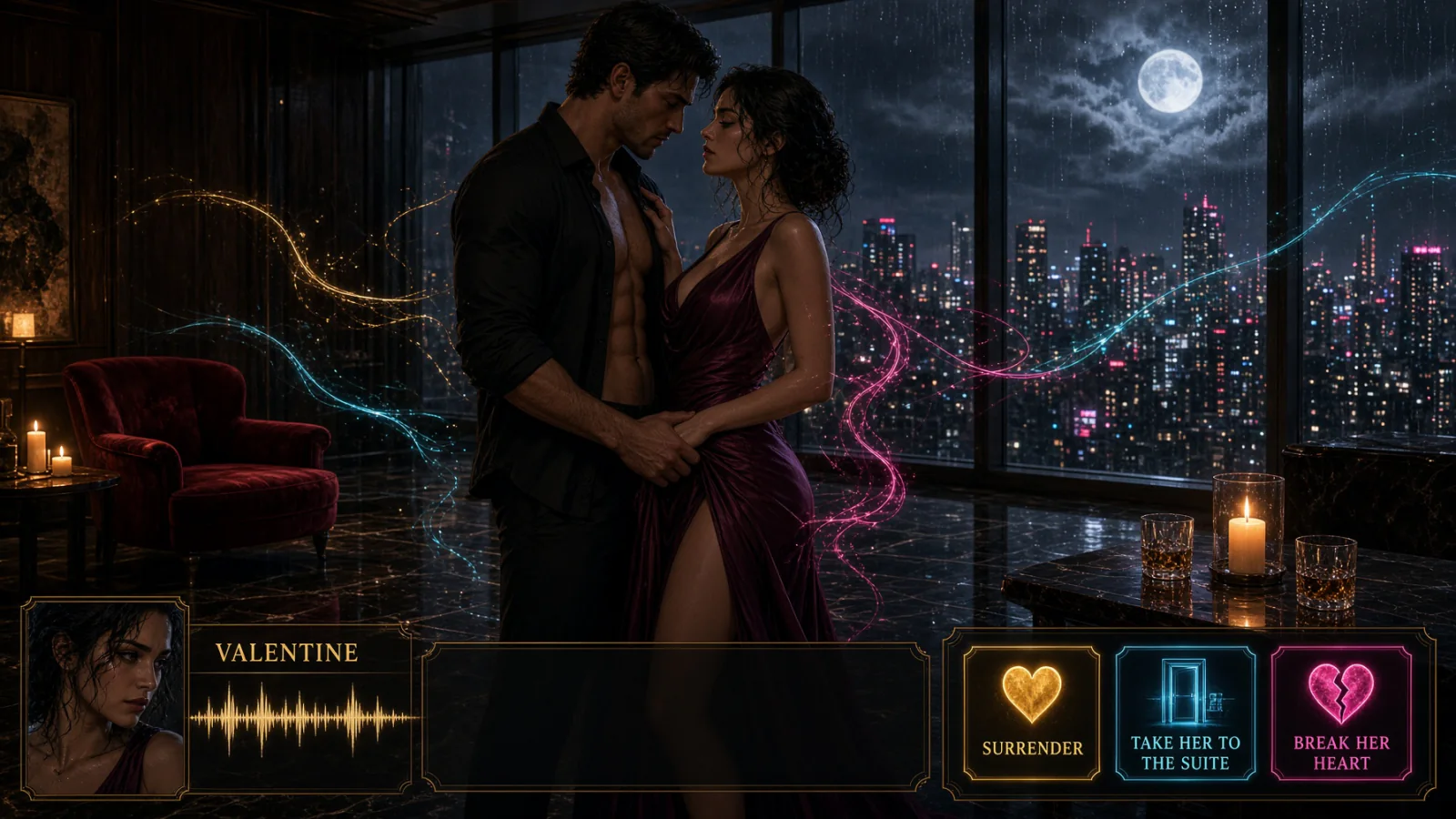 Illustration: Adult visual novel scene with a couple in a rainy city suite, a dialogue portrait and three branching romance choices