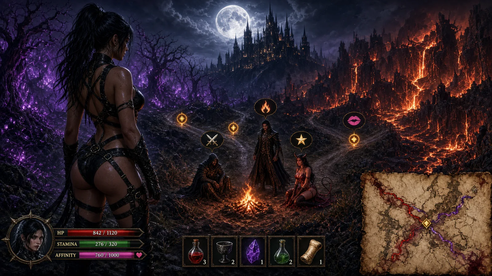 Illustration: Adult fantasy adventurer overlooking branching purple and lava routes with party choices, character stats, inventory and a campaign map