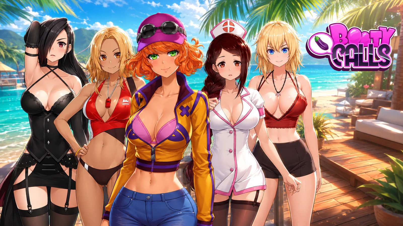 Booty Calls game artwork showing five illustrated characters at a tropical resort