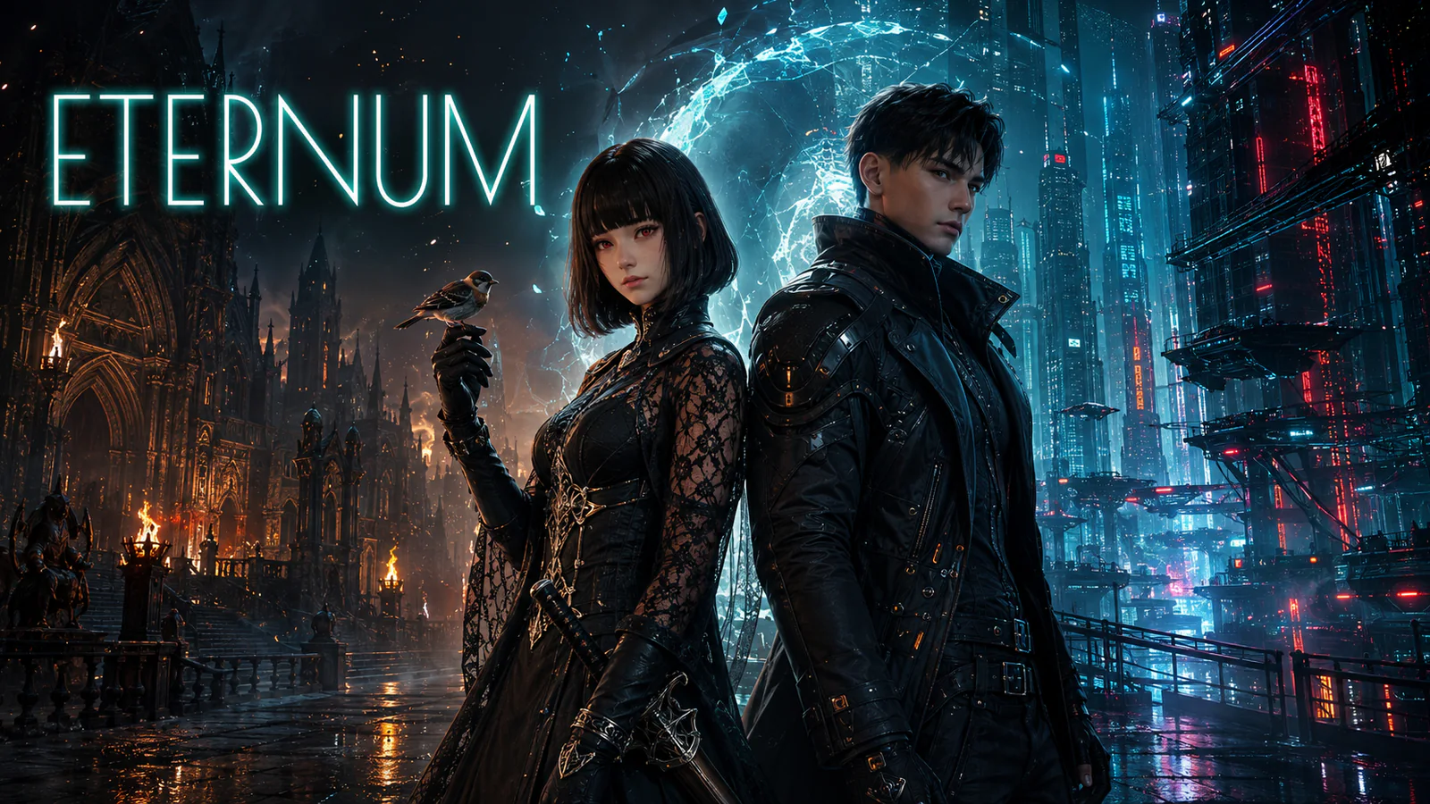 Eternum visual novel artwork showing two characters between dark fantasy and cyberpunk worlds