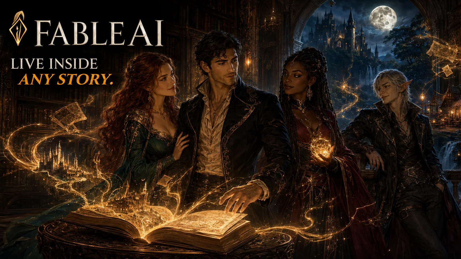FableAI fantasy role-playing artwork with a party gathered around a magical storybook