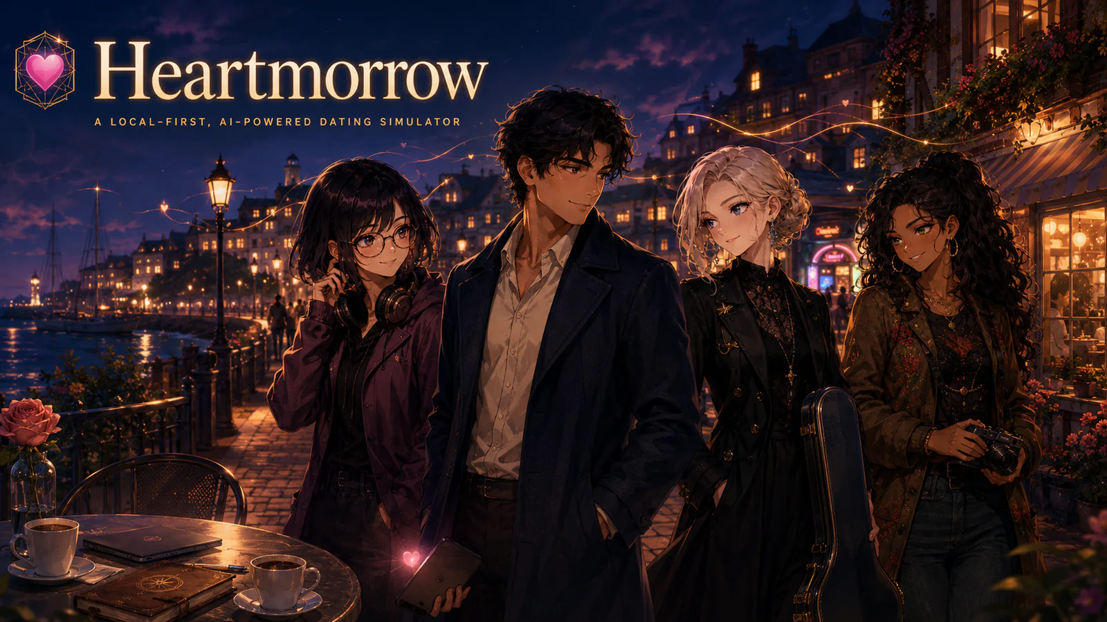 Heartmorrow local-first AI dating simulator artwork with four characters in a waterfront city