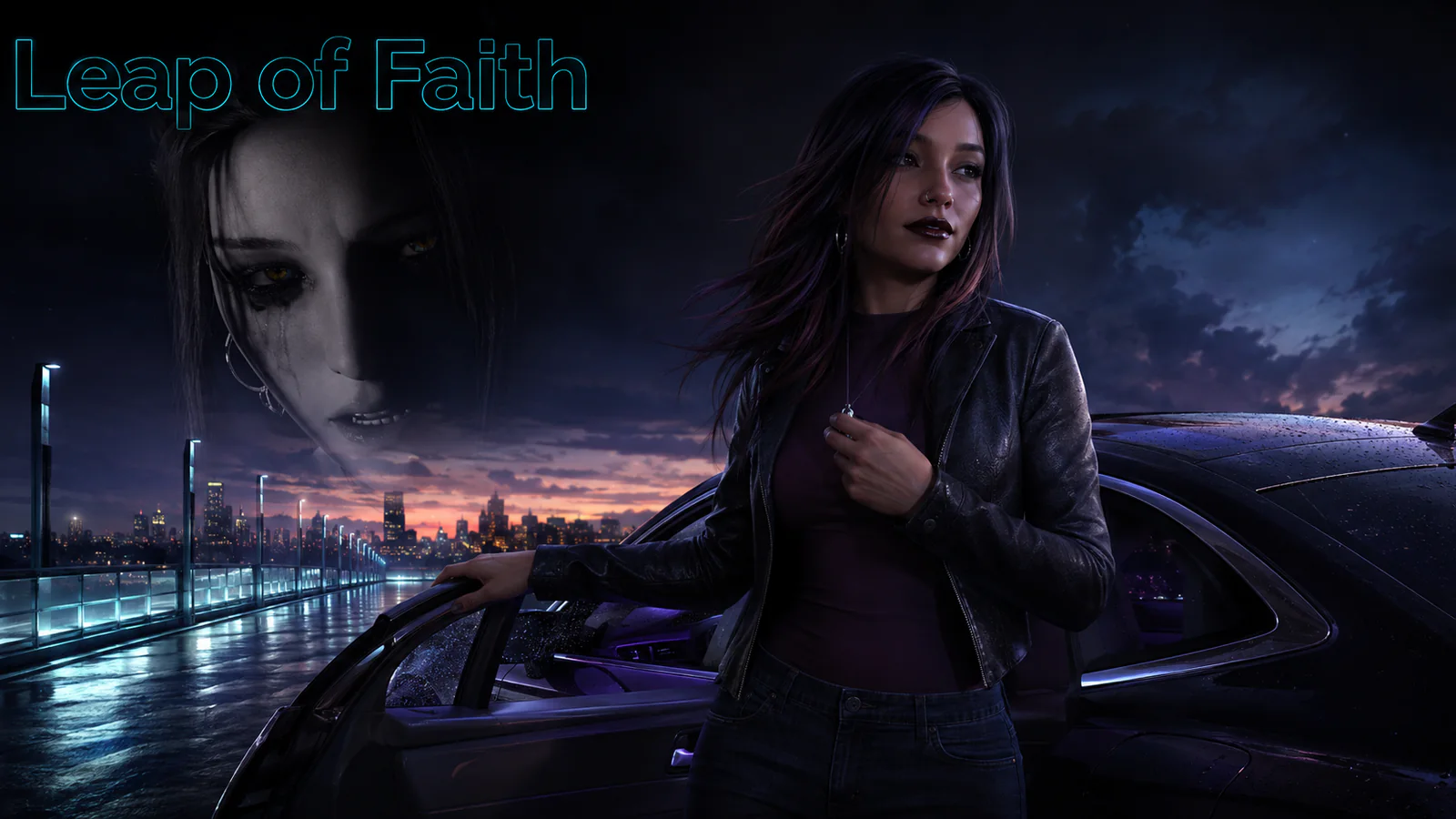 Leap of Faith visual novel artwork showing a woman on a waterfront promenade at dusk