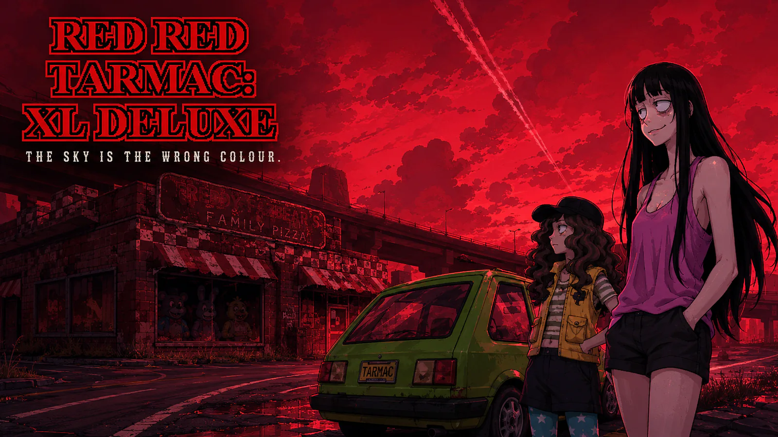 Red Red Tarmac visual novel artwork with two characters beside a car beneath a red sky