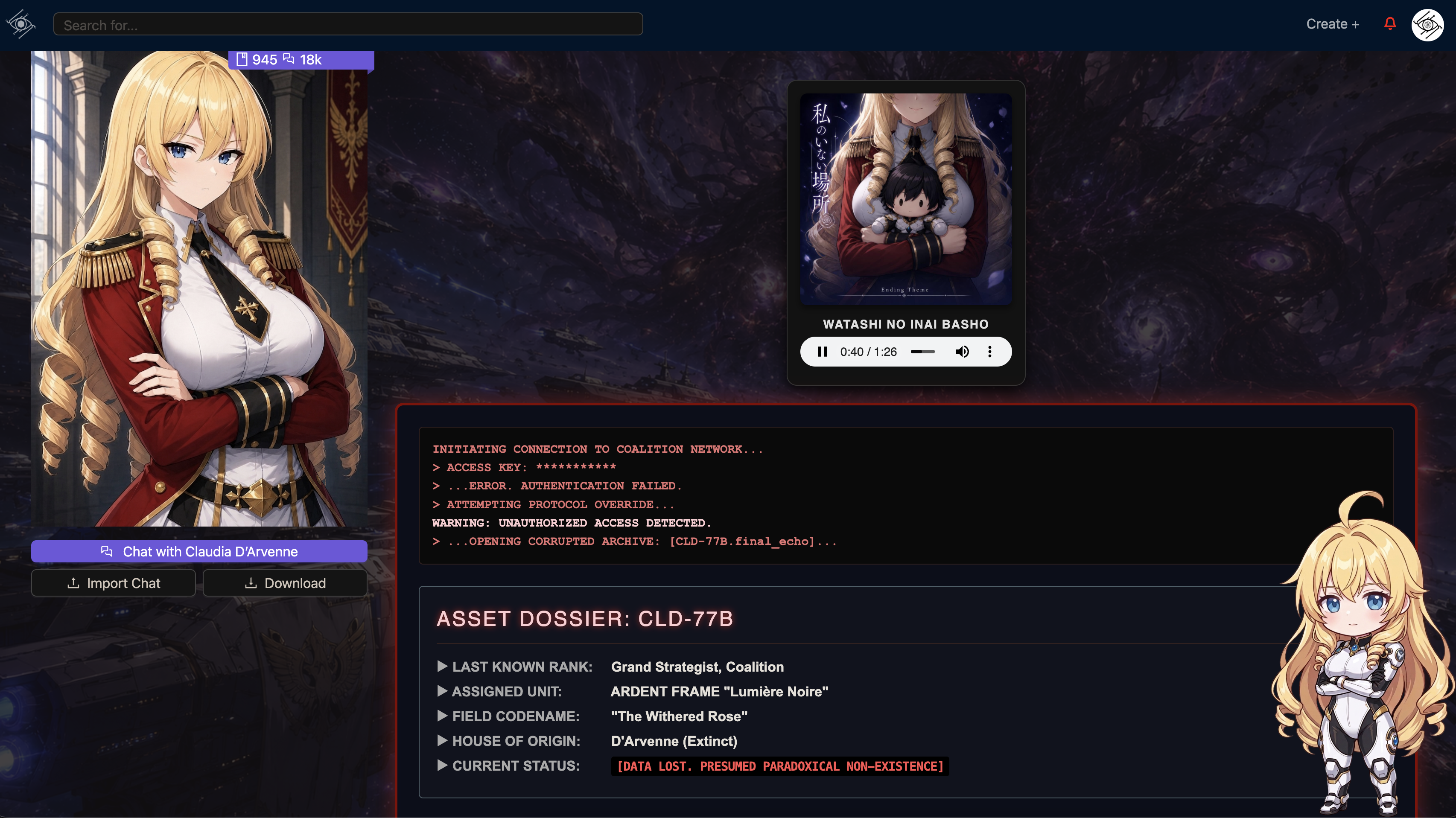 Página de personagem do Chub AI mostrando a arte do personagem, entrada para o chat, downloads, áudio e um layout de stage personalizado