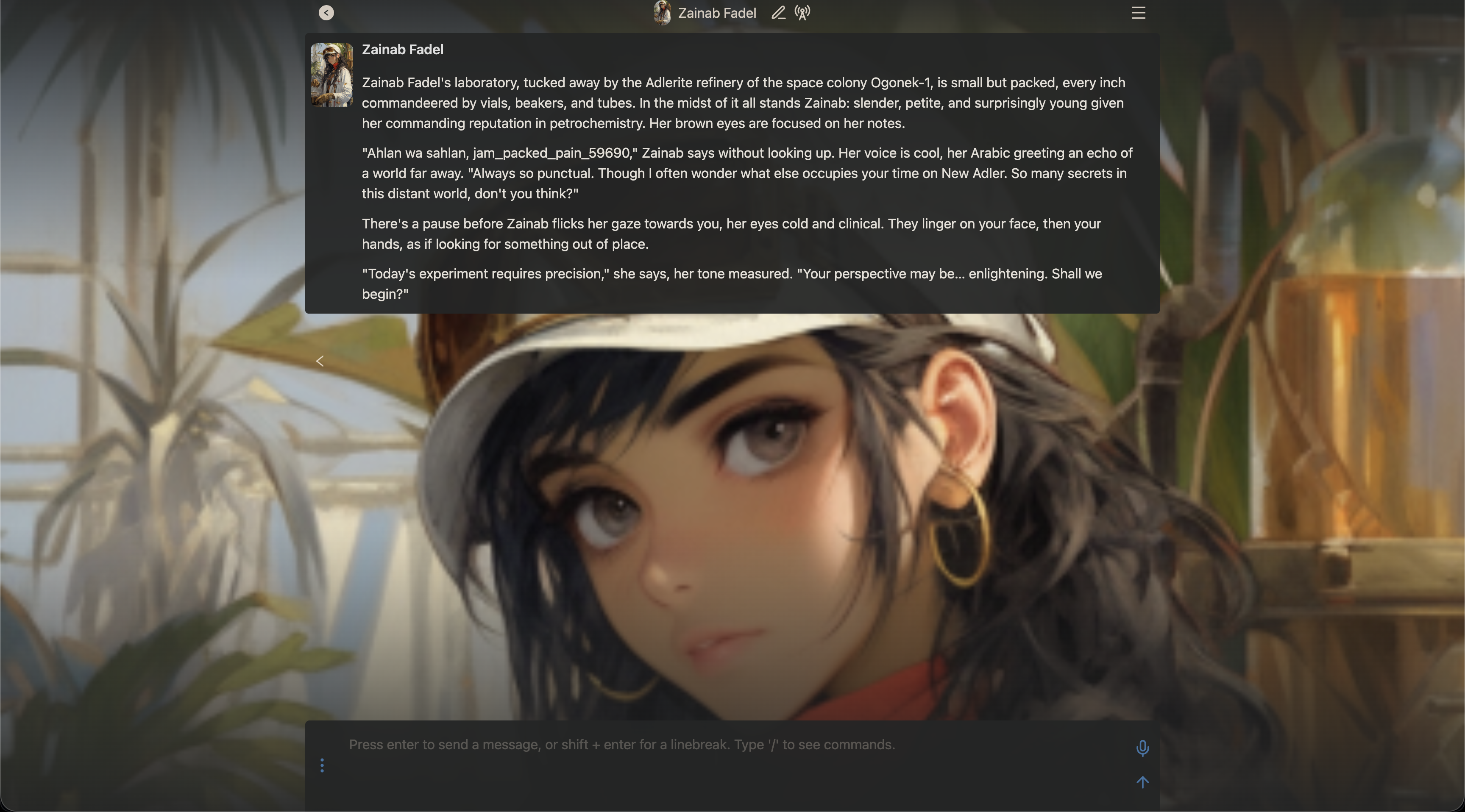 Interface de chat do Chub AI com retrato do personagem, cenário de fundo, mensagem de abertura e caixa de escrita