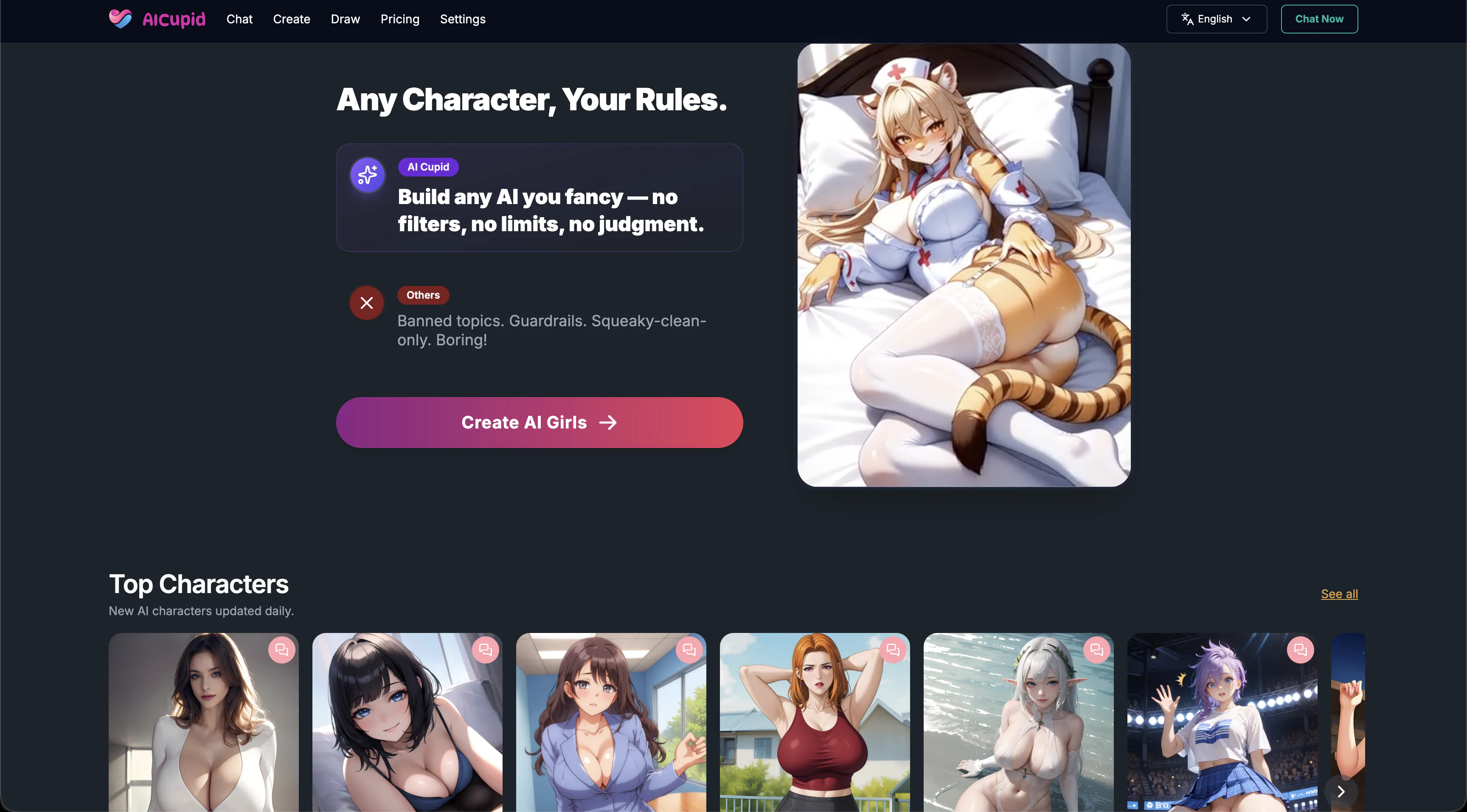AICupid website showing its character creator message, navigation, and AI companion catalog