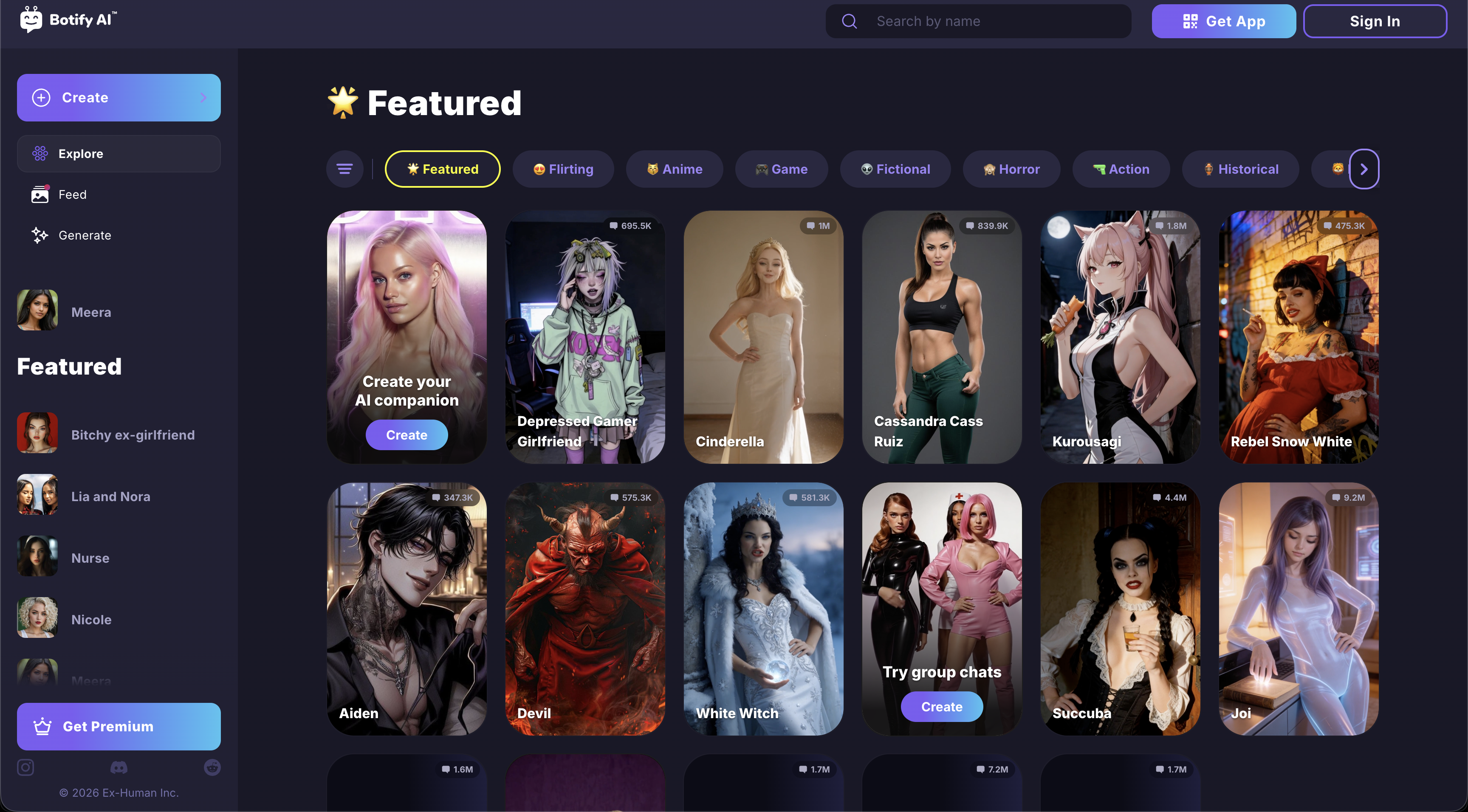 A grade de personagens do Botify AI e suas categorias de flerte, anime e ficção, navegáveis antes mesmo de existir uma conta