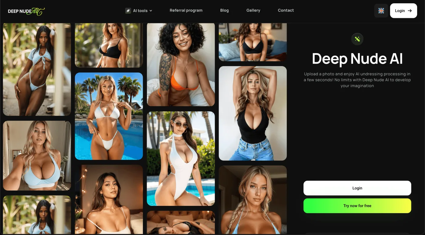 Categorias de cena e ferramentas de edição da Deep Nude AI mostradas ao lado de seus pontos de entrada no celular e no Telegram