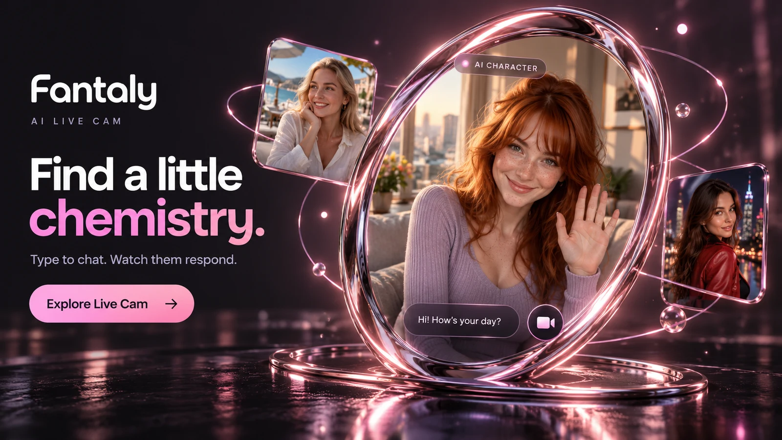 Fantaly promotional artwork with three clothed AI characters and its Live Cam message.