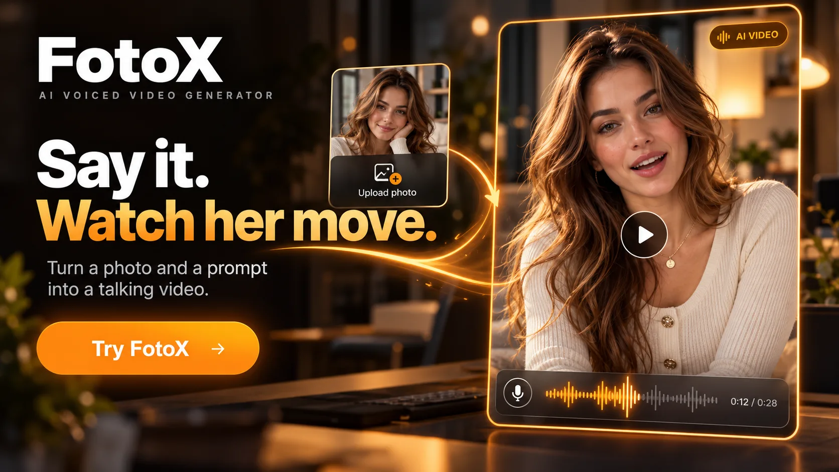 Imagen promocional de FotoX con una persona adulta junto a un panel de vídeo