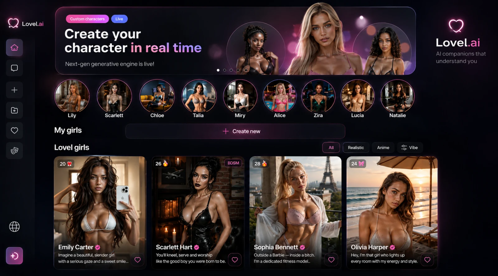 Lovel.ai companion catalogue and custom character creation interface