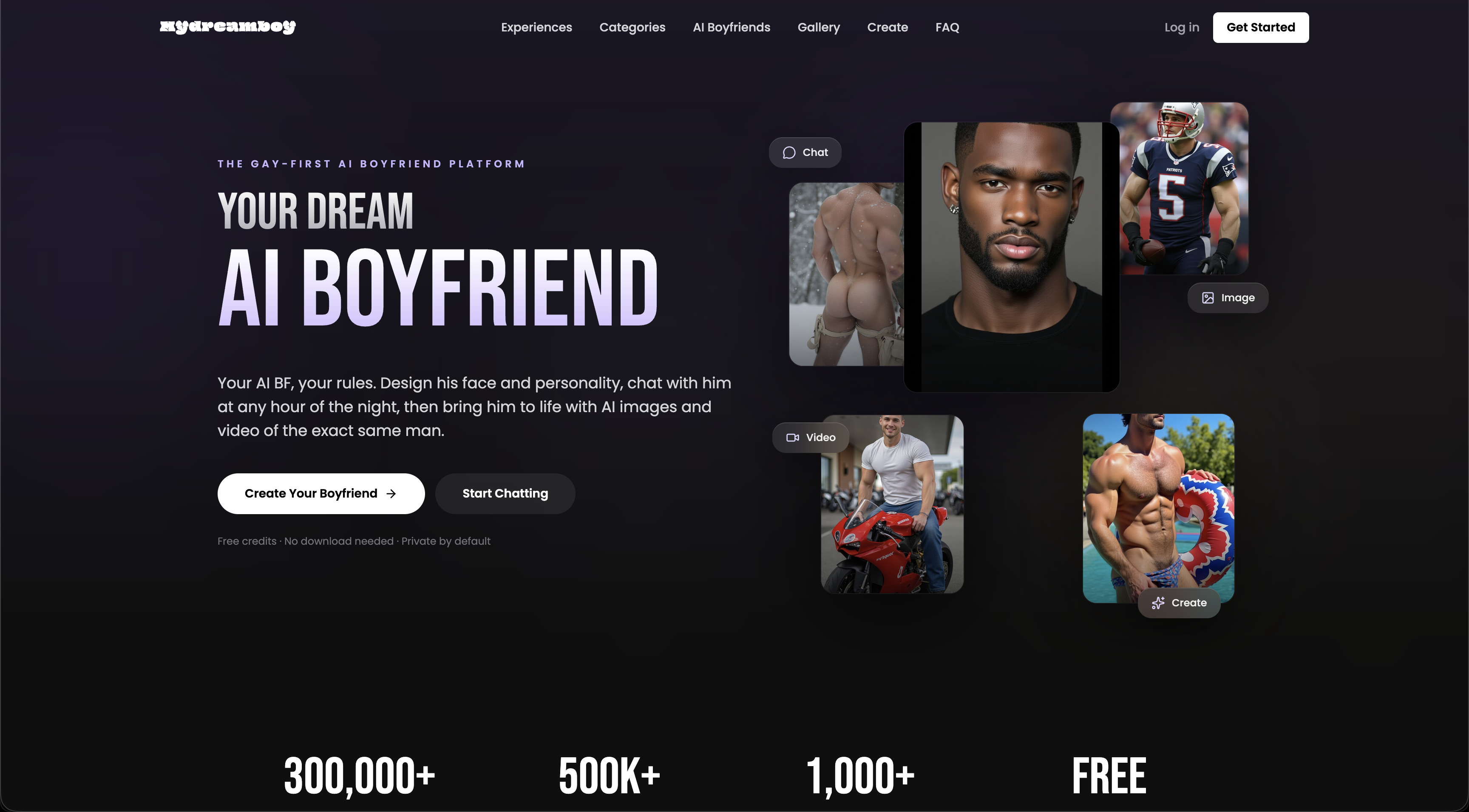 The MyDreamBoy home screen, headed the gay-first AI boyfriend platform, with chat, image and video panels