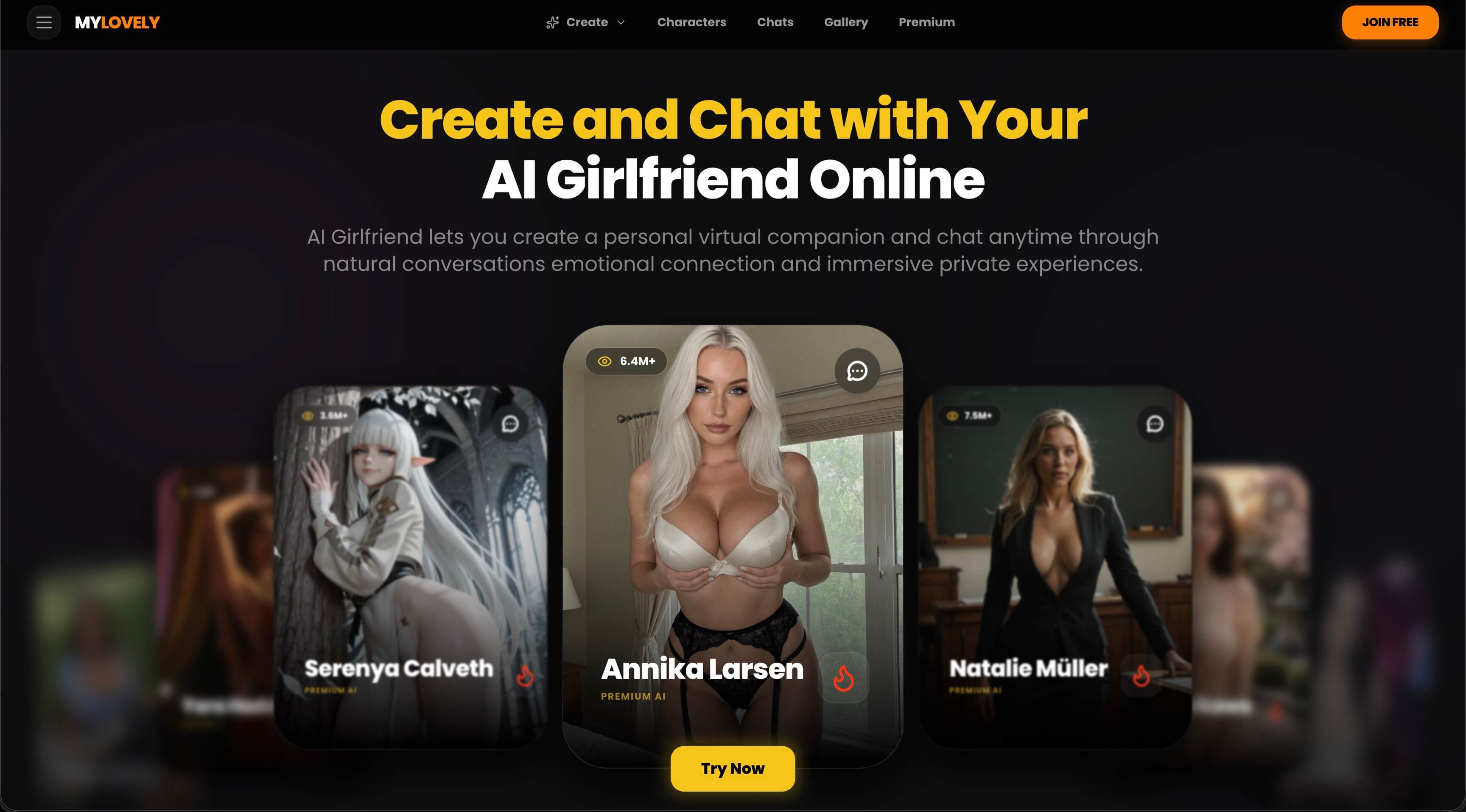 Galeria de personagens do MyLovely AI com companheiras maduras e opções de geração de imagem e vídeo