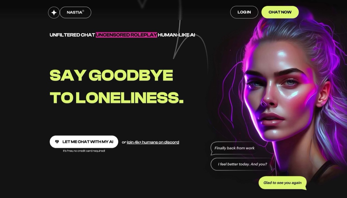 Chatbot sem censura Nastia AI com memória, voz, imagens e roleplay NSFW