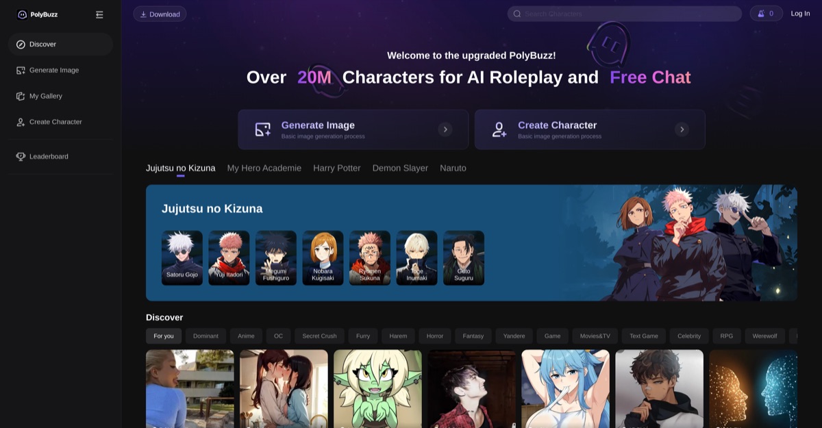 Chatbot de IA sem censura PolyBuzz com biblioteca gratuita gigante de personagens e roleplay