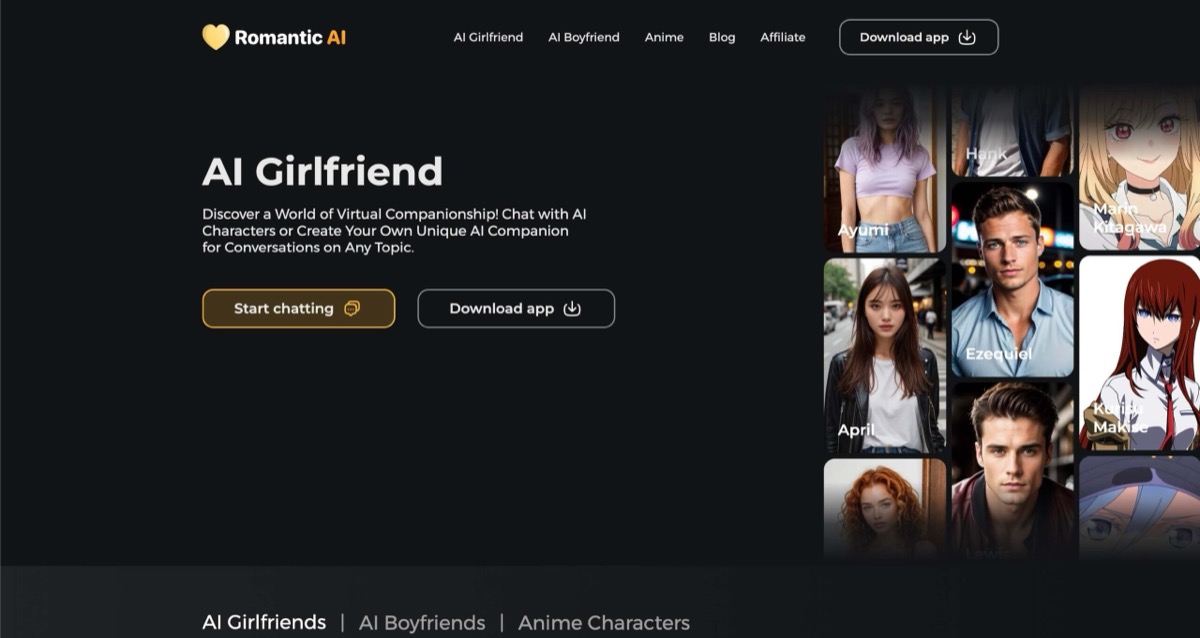 Seleção de companheiras do Romantic AI com personagens realistas e de anime e configurações de relacionamento