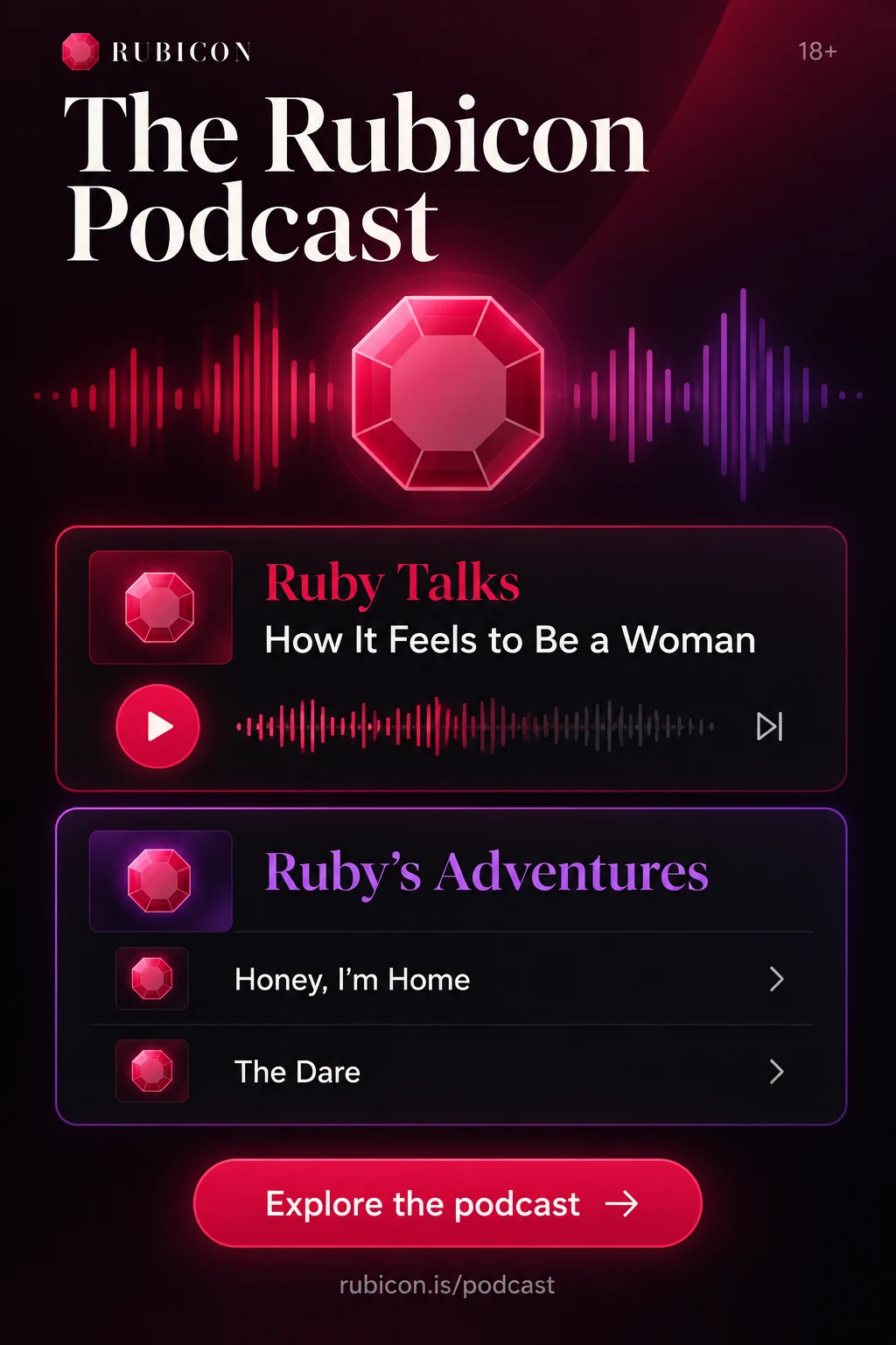 Ruby Talks e Ruby’s Adventures com uma pedra de rubi e ondas sonoras vermelhas e roxas