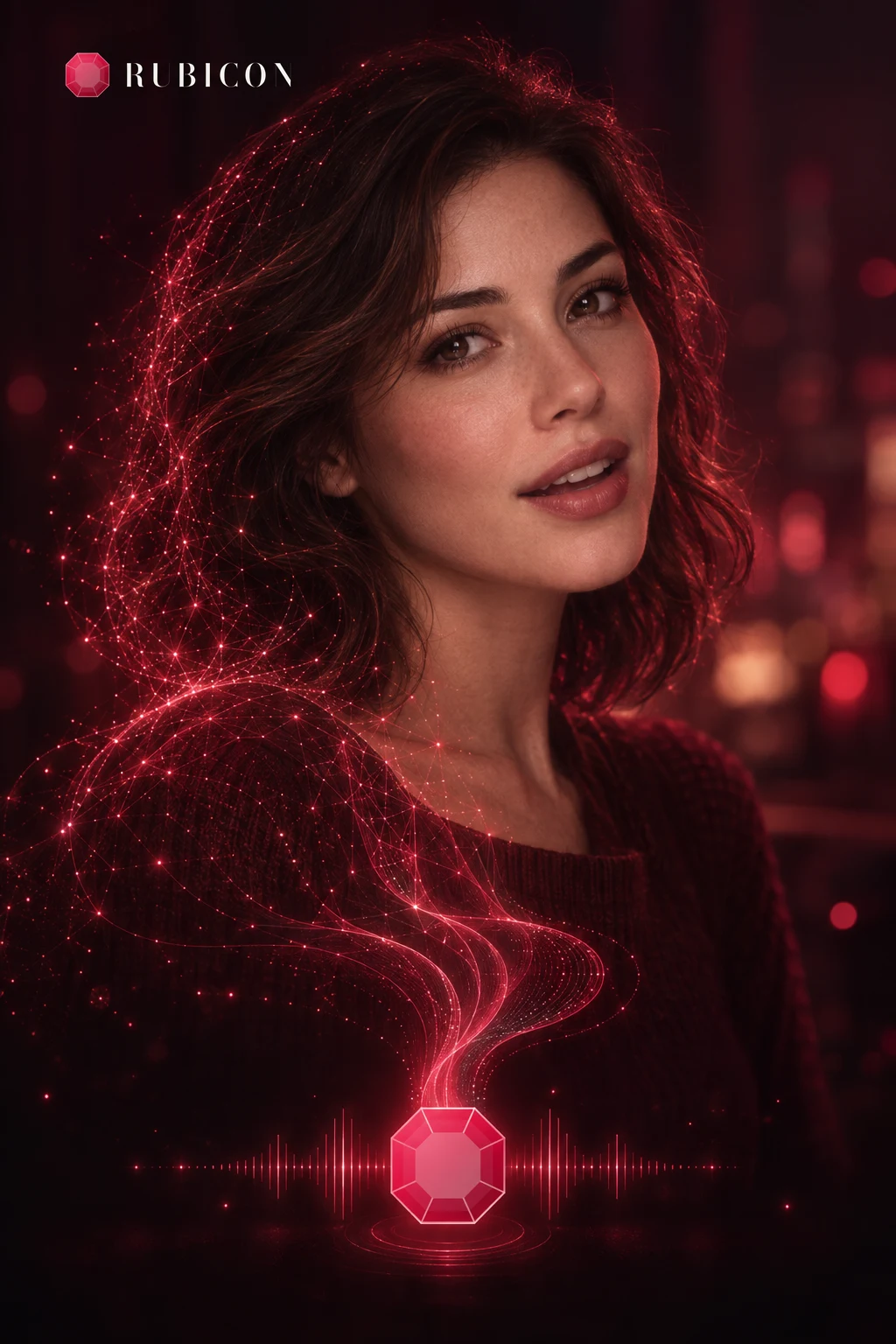 Retrato de Ruby com rastros de luz vermelha e a pedra do Rubicon