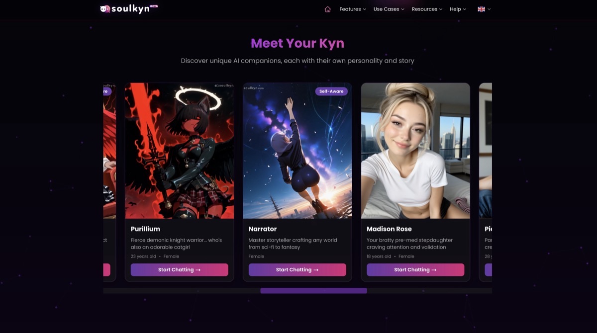 Um perfil de Kyn do Soulkyn mostrando a classificação de conteúdo e o nível, ao lado dos cenários de RPG que rodam um elenco inteiro de uma vez