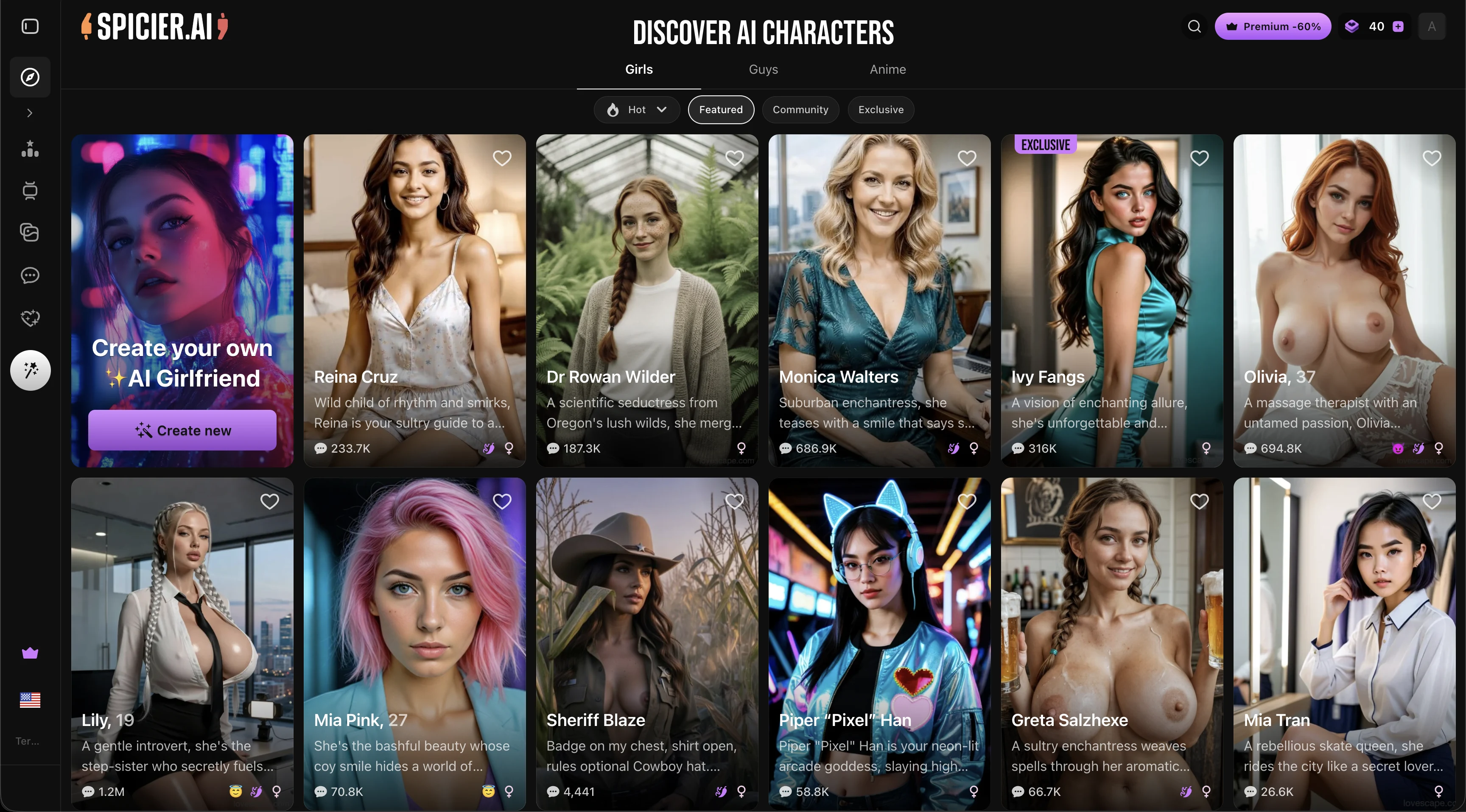 Spicier AI character discovery screen showing realistic AI companions, Girls and Anime category tabs, and the custom character creator