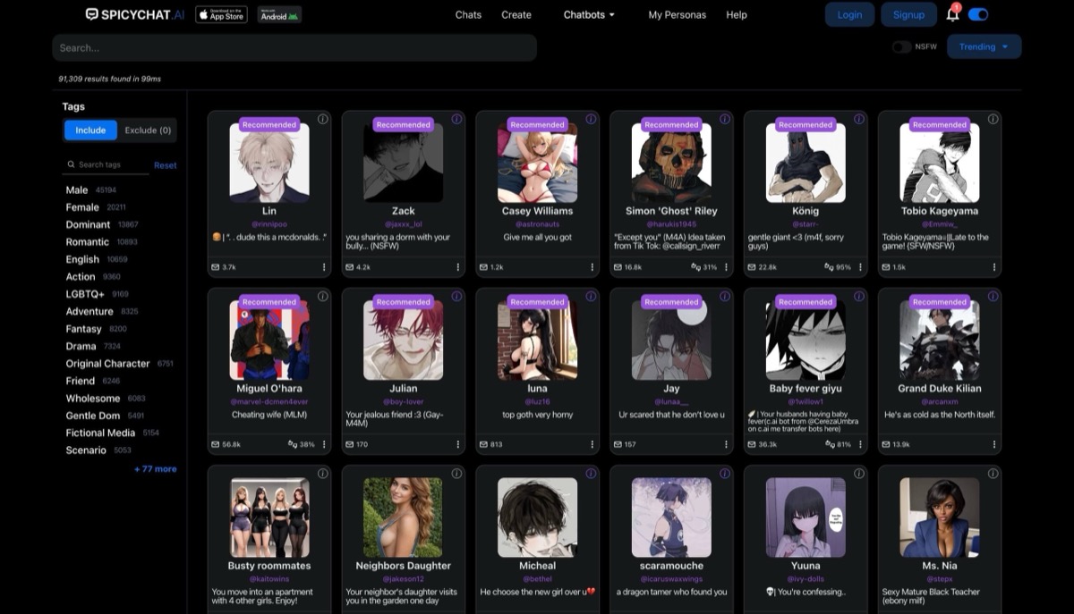 Plataforma gratuita de roleplay NSFW da SpicyChat AI com personagens da comunidade e cenários em grupo
