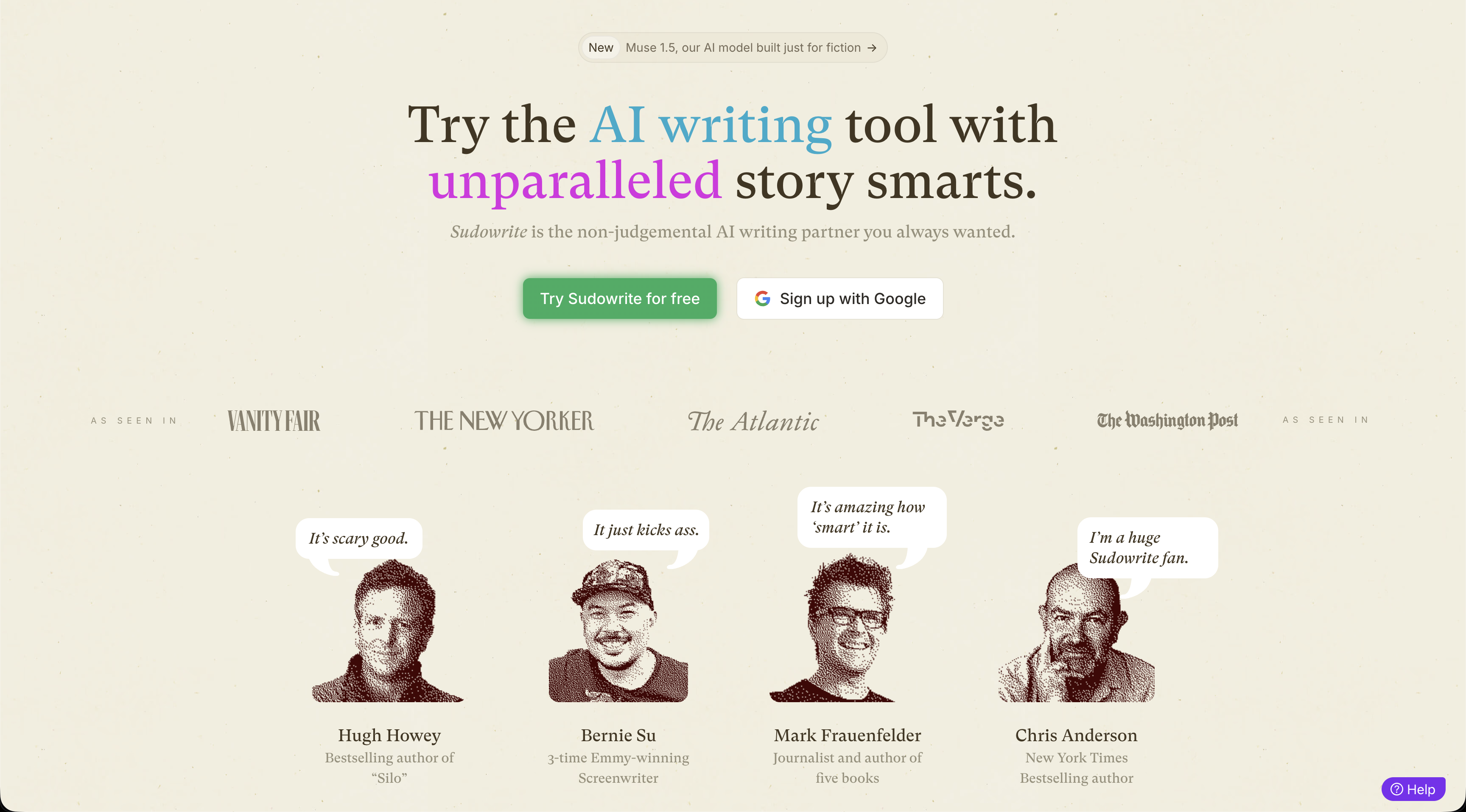 Editor de manuscritos do Sudowrite com o painel Story Bible, onde personagens, esboço e estilo persistem em todos os capítulos