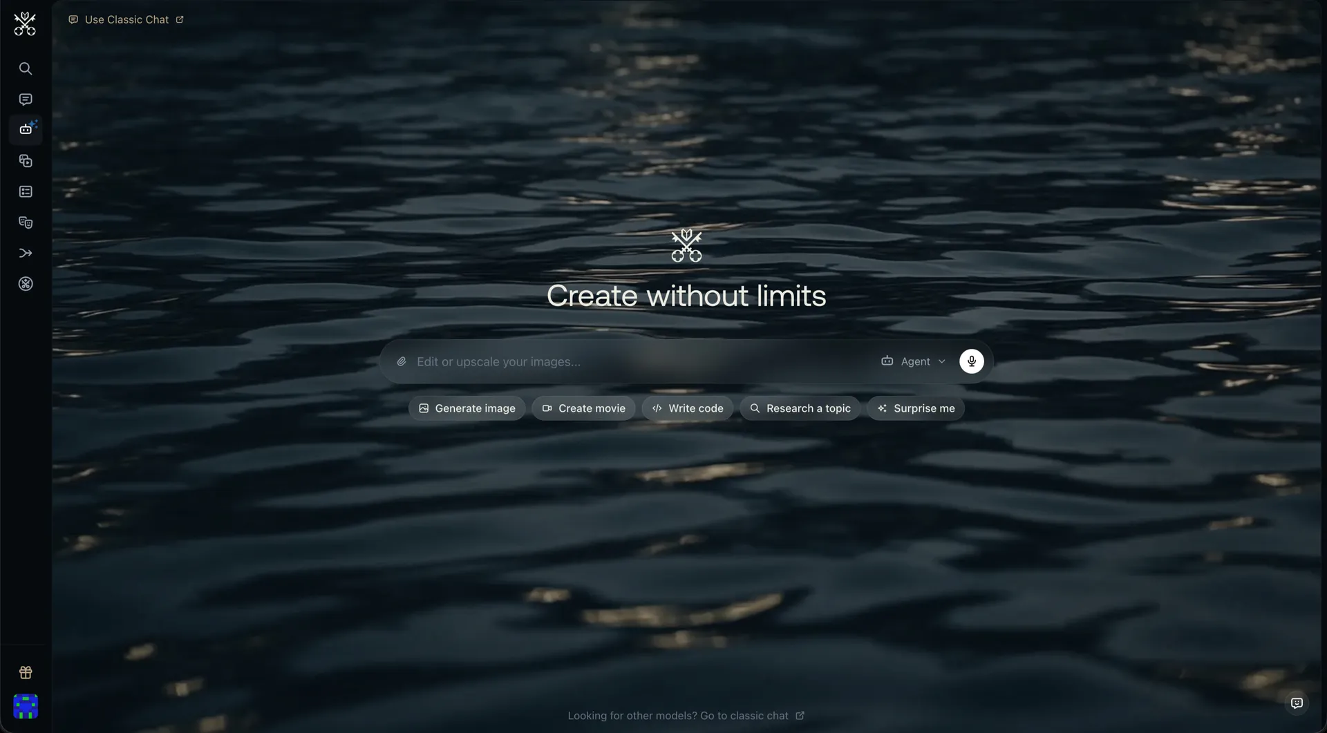 Tela inicial do Venice AI com o título Create without limits e atalhos para gerar imagens, filmes, código e pesquisa