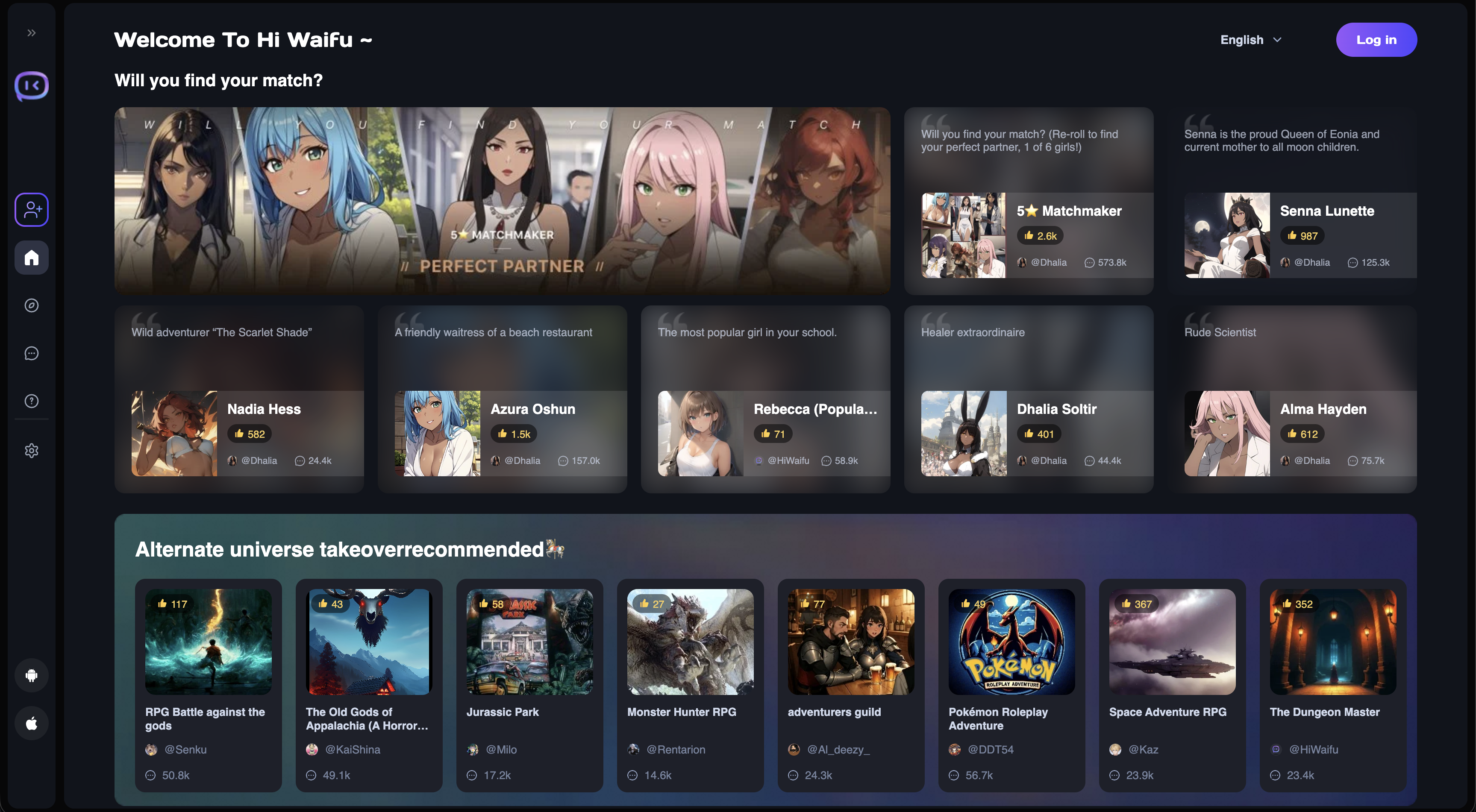 Weifu AI anime character roster with MBTI personality tags and genre categories on a mobile screen