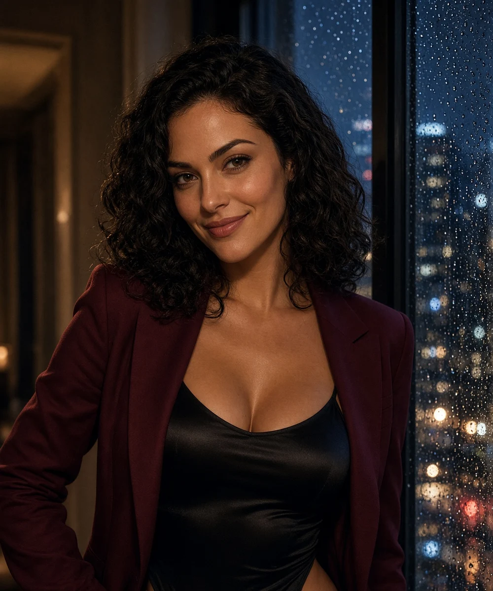 Realistic fictional adult companion, city lights look