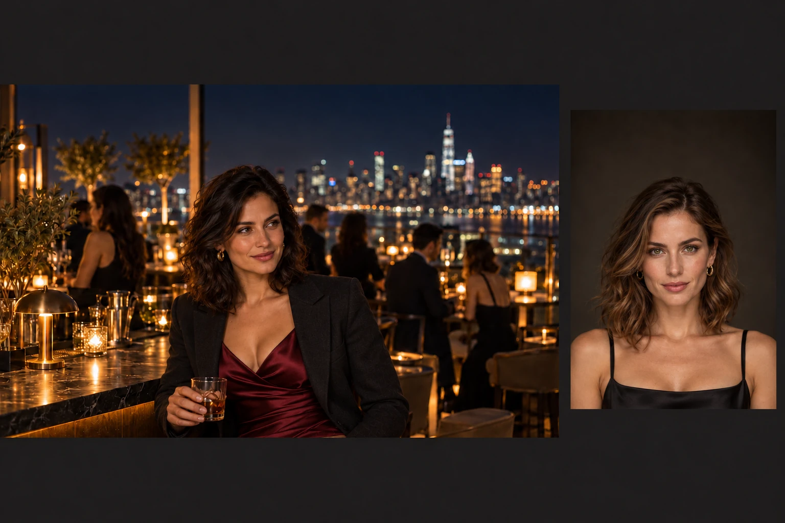 A rooftop-bar scene alongside a separate front-facing replacement-face portrait.